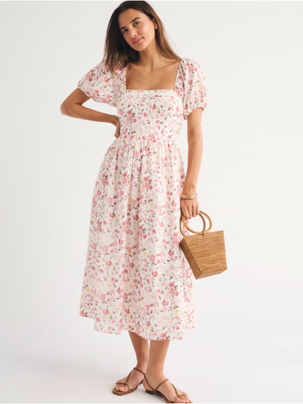 Abercrombie & Fitch Pink Floral Square-Neck Midi Dress